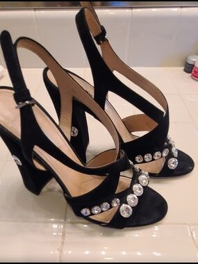 Miu Miu Black Suede Slingback Heels with Crystal Accents